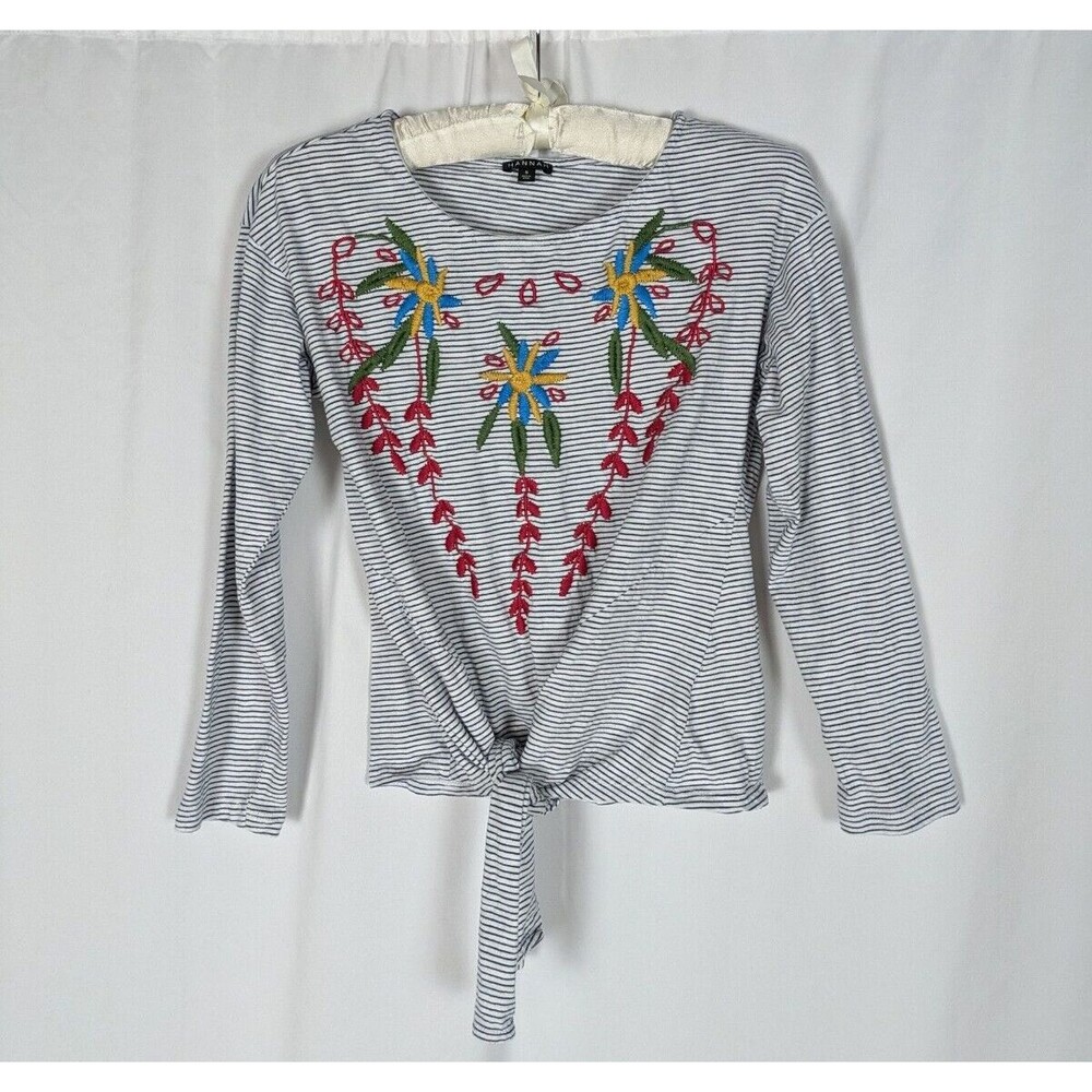 Hannah S Boho Floral Embroidered Striped Blouse Tie Hem Crop Crewneck